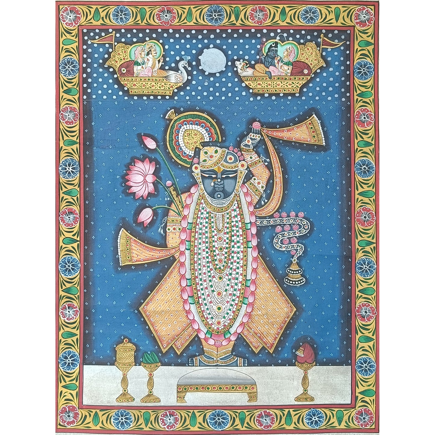 Shrinathji Shringar Pichwai With Midnight Blue Background - Artisanal India