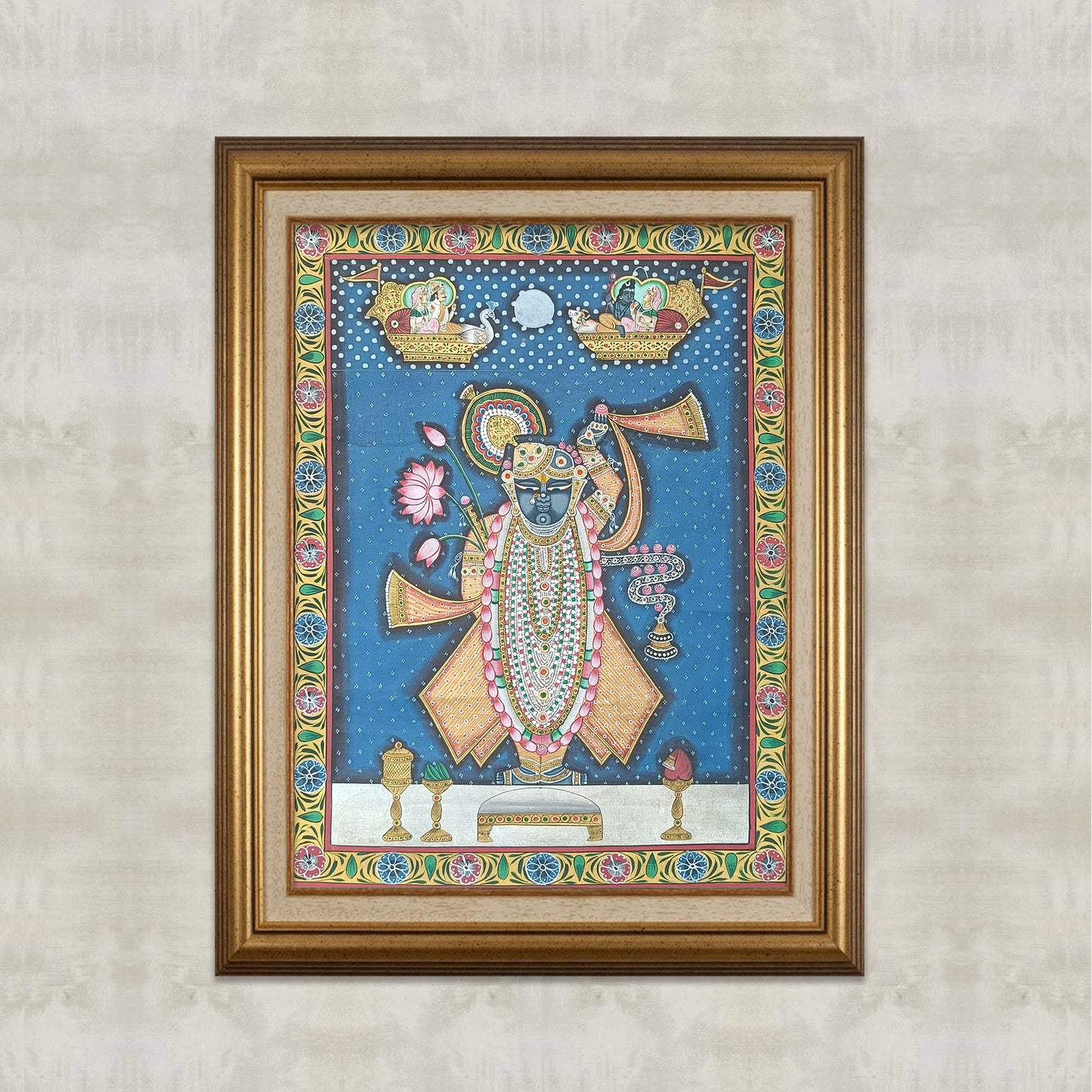 Shrinathji Shringar Pichwai With Midnight Blue Background - Artisanal India