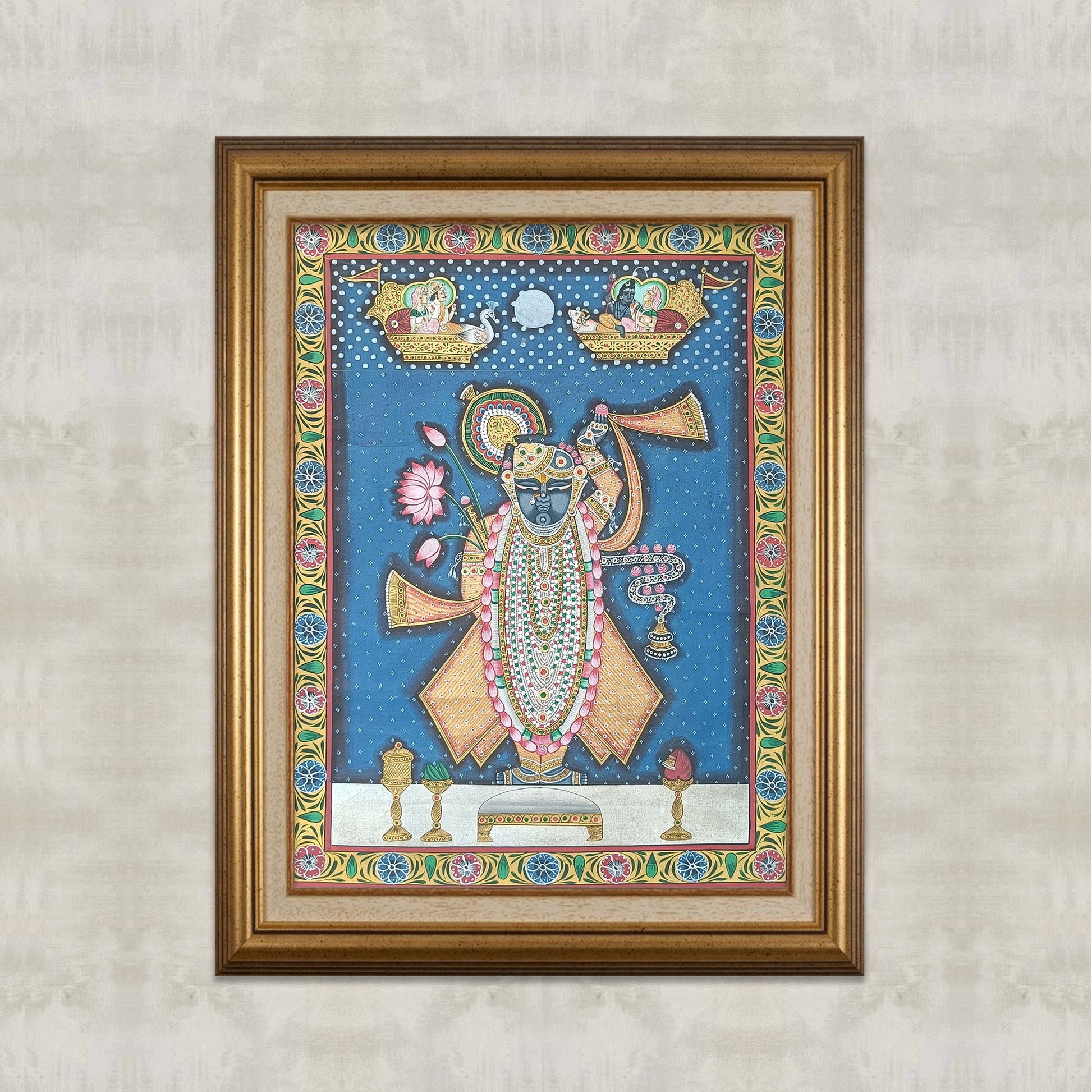 Shrinathji Shringar Pichwai With Midnight Blue Background - Artisanal India