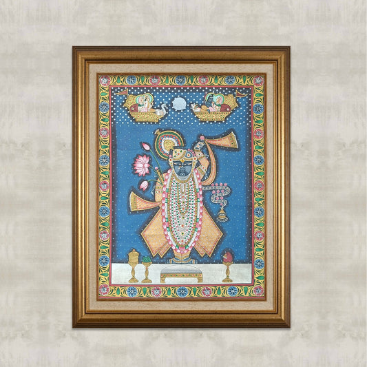 Shrinathji Shringar Pichwai With Midnight Blue Background - Artisanal India