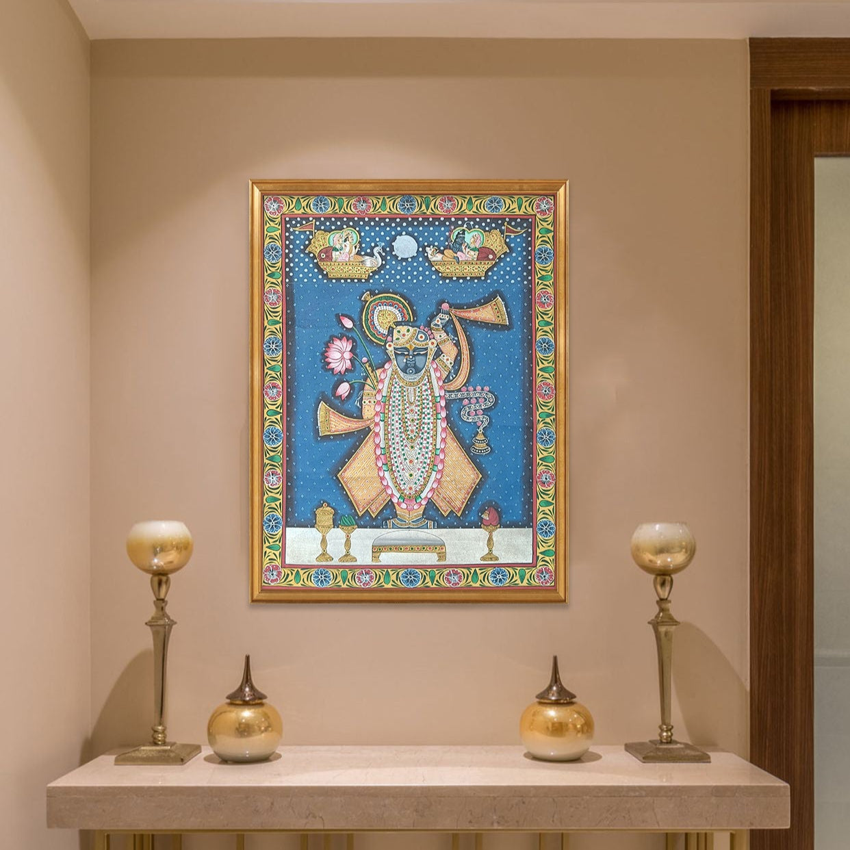 Shrinathji Shringar Pichwai With Midnight Blue Background - Artisanal India
