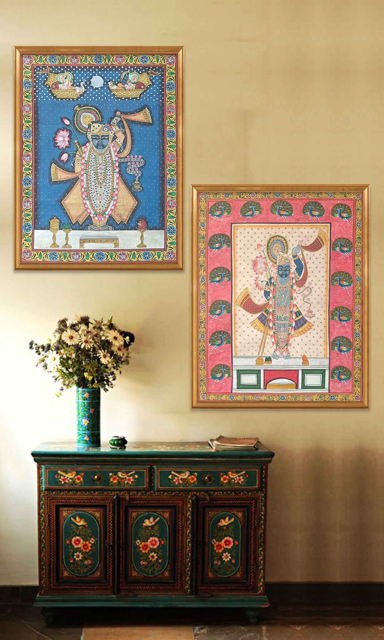 Shrinathji Shringar Pichwai With Midnight Blue Background - Artisanal India