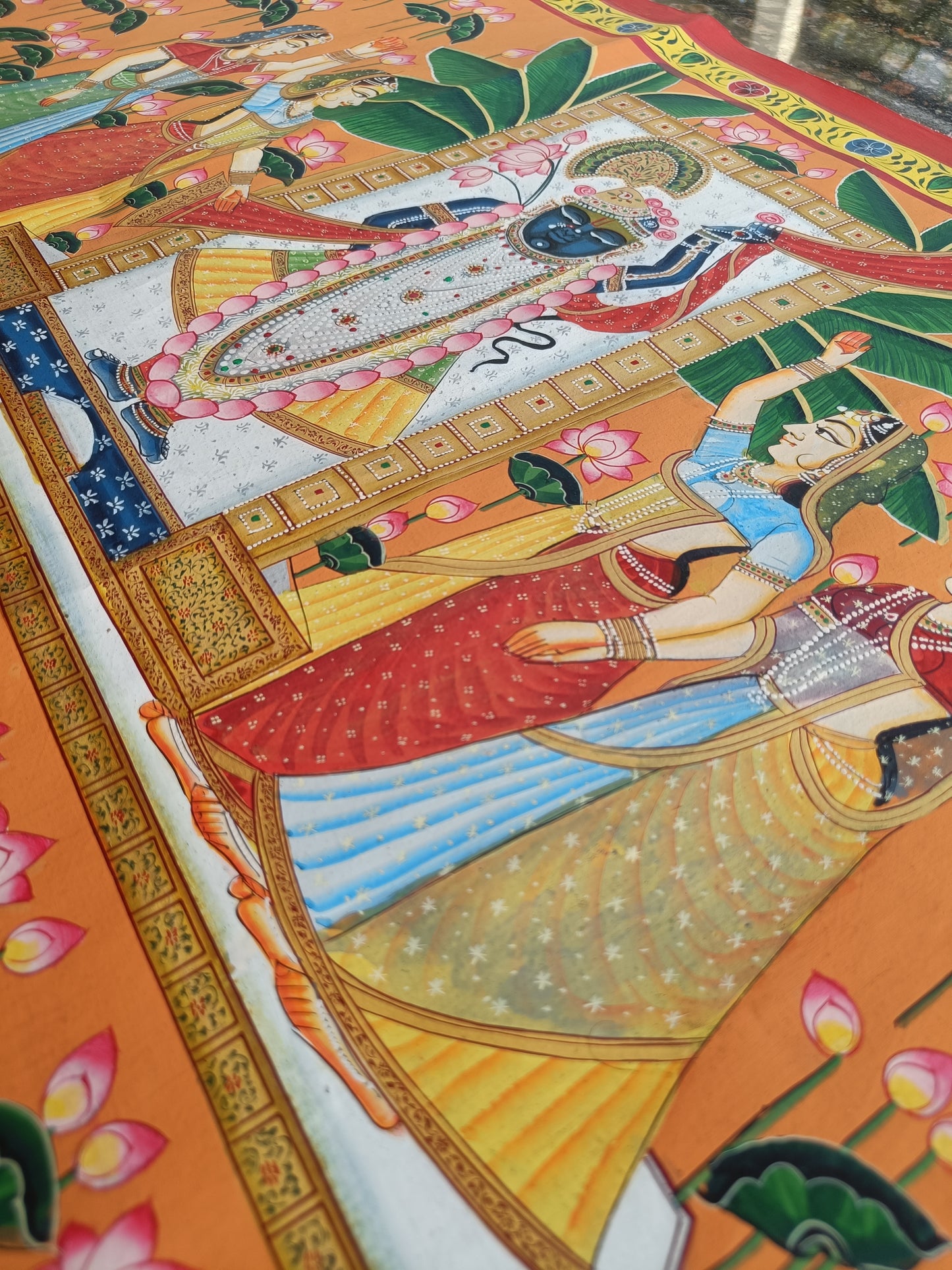 Shrinathji with Gopis Pichwai | Lotus & Orange Background | Hand-Painted
