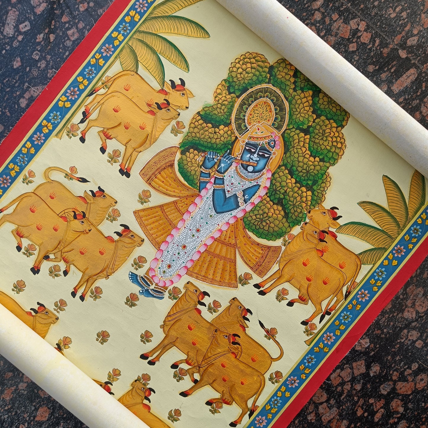 Krishna with Cows – Hand-Painted Pichwai on Cloth