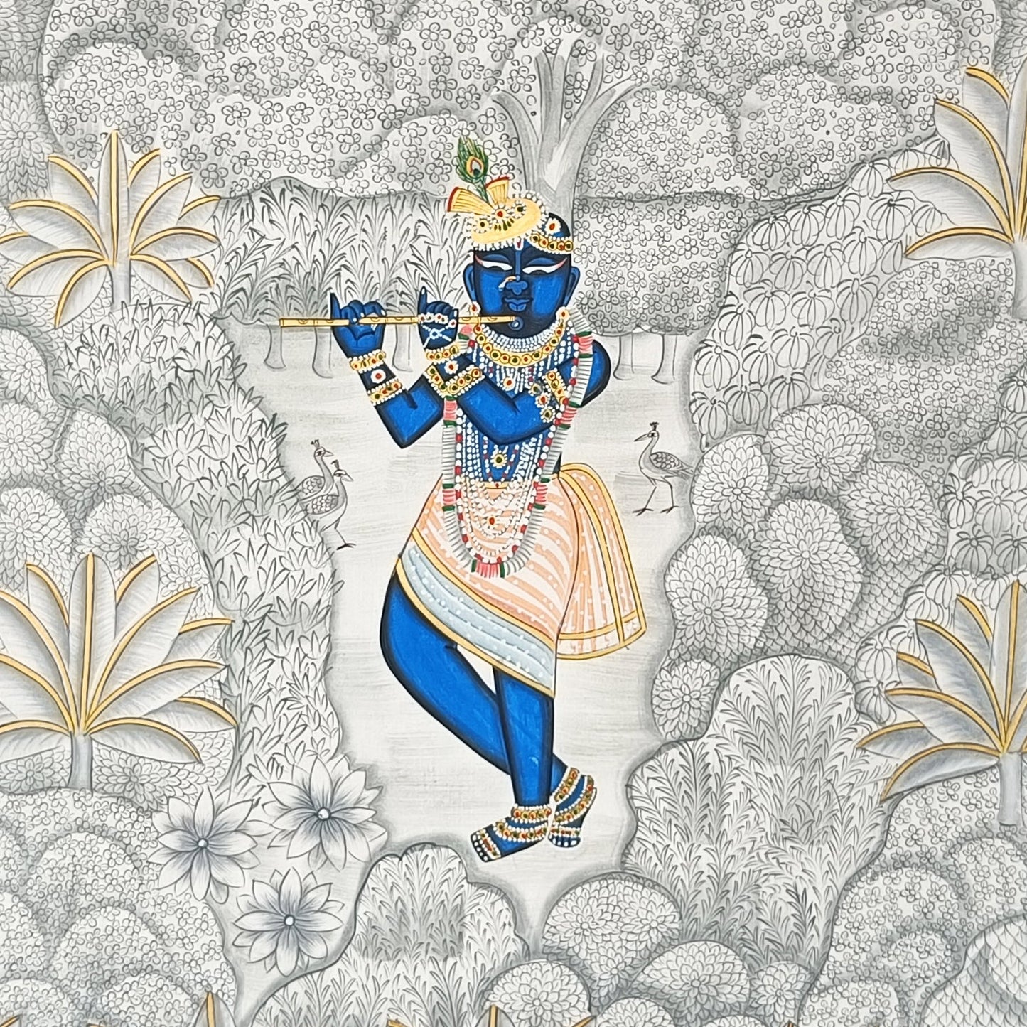Monochrome White & Gray Krishna Pichwai with Gold Streaks | 2×3 ft | Hand-Painted