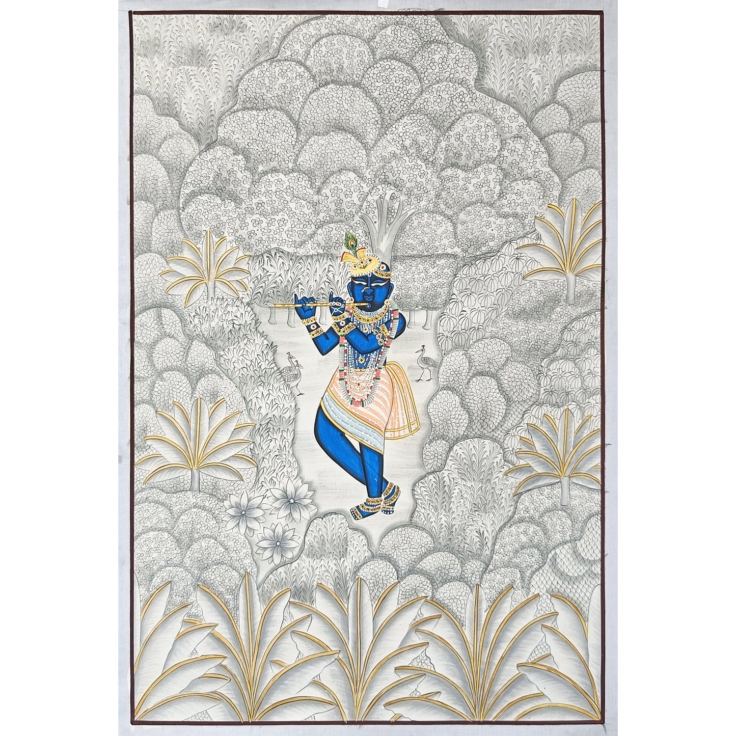 Monochrome White & Gray Krishna Pichwai with Gold Streaks | 2×3 ft | Hand-Painted