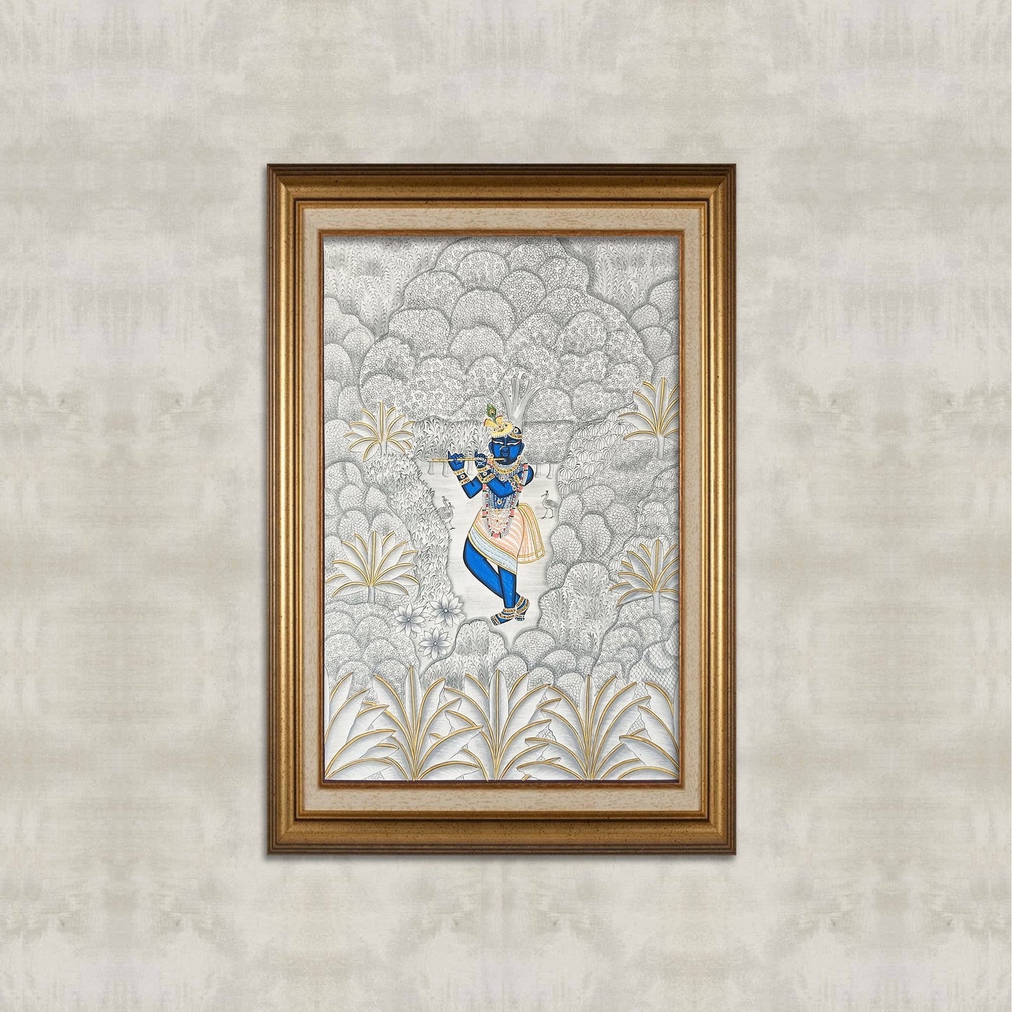 Monochrome White & Gray Krishna Pichwai with Gold Streaks | 2×3 ft | Hand-Painted