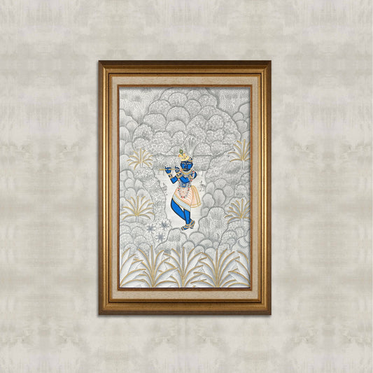 Monochrome White & Gray Krishna Pichwai with Gold Streaks | 2×3 ft | Hand-Painted