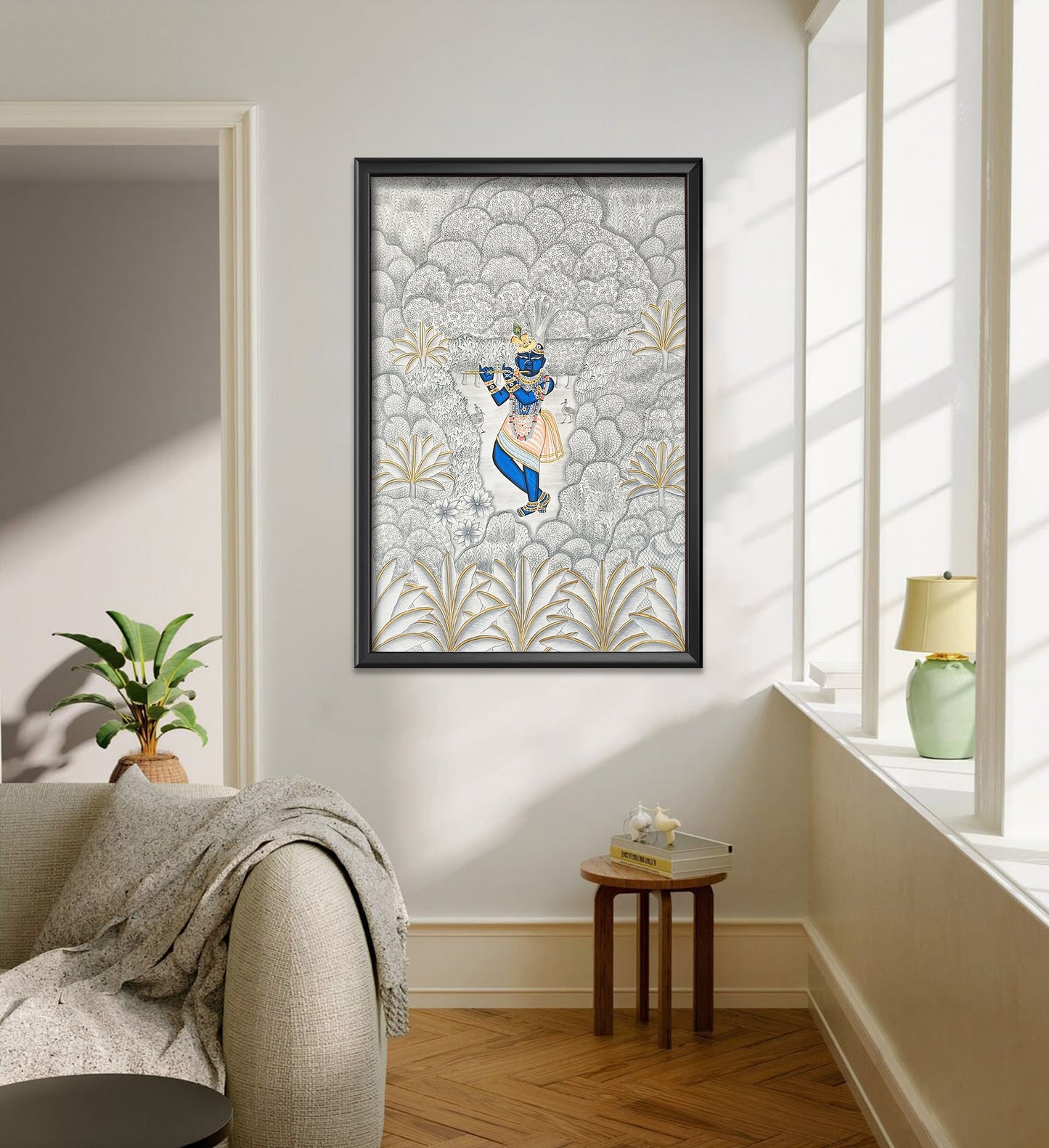 Monochrome White & Gray Krishna Pichwai with Gold Streaks | 2×3 ft | Hand-Painted