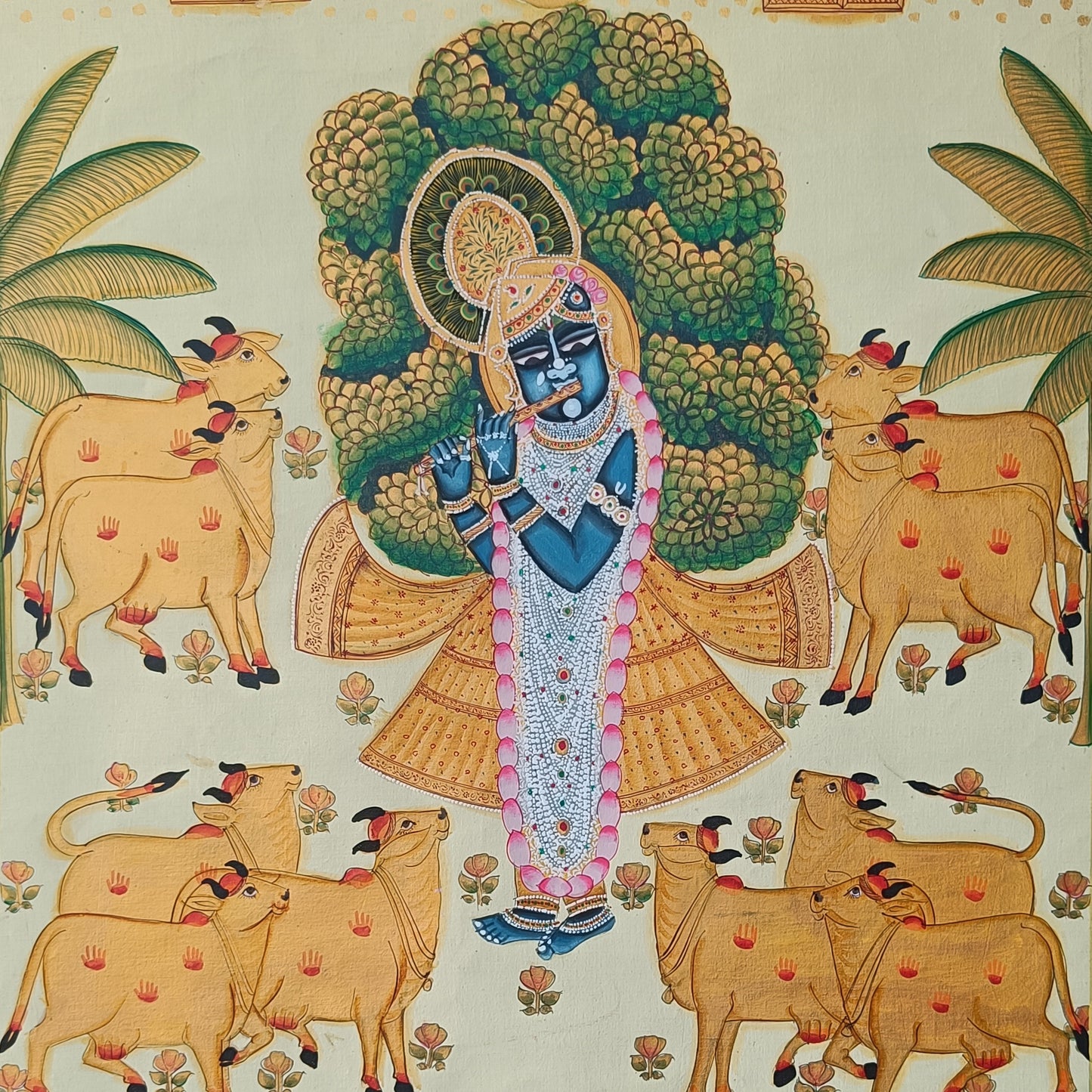 Krishna with Cows – Hand-Painted Pichwai on Cloth