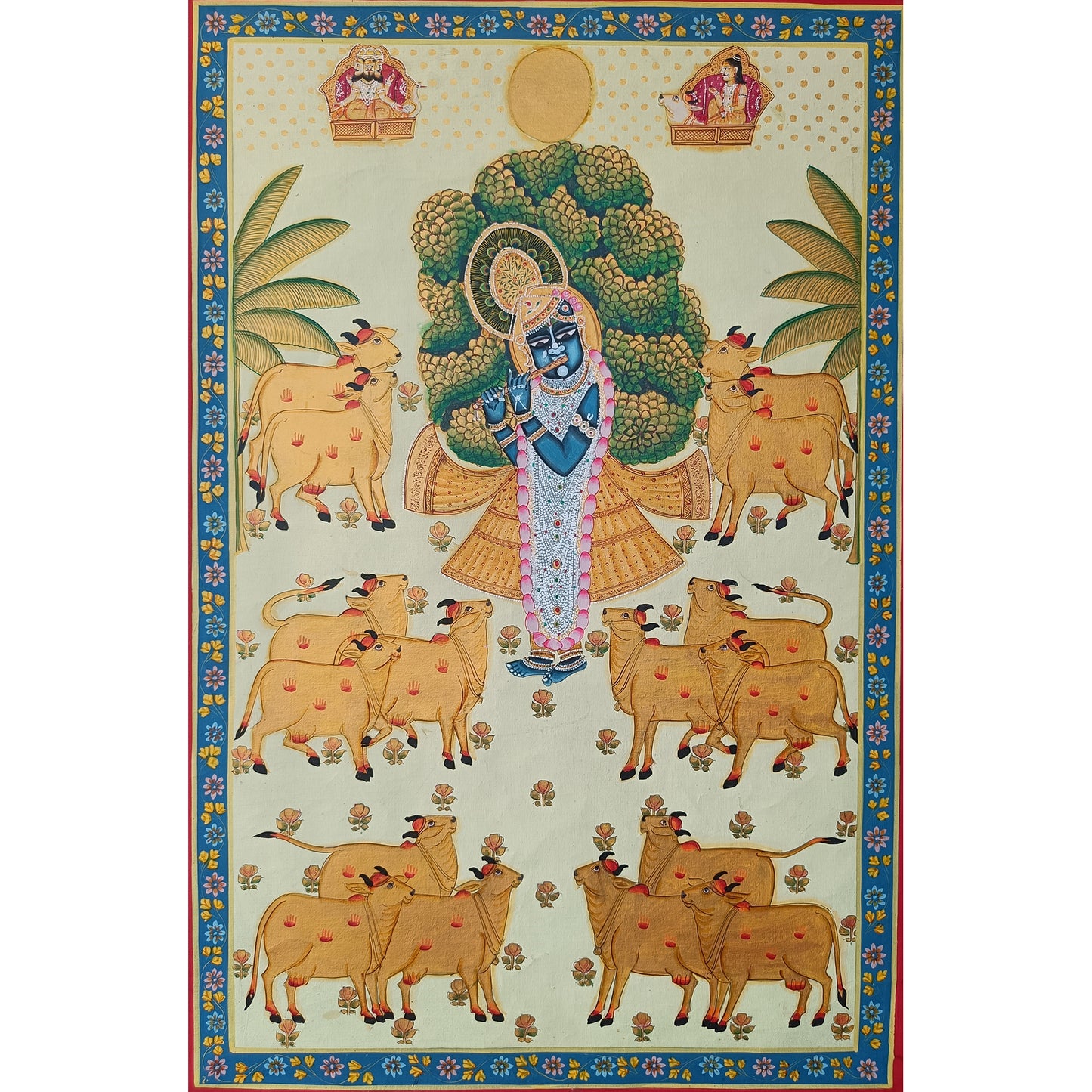 Krishna with Cows – Hand-Painted Pichwai on Cloth