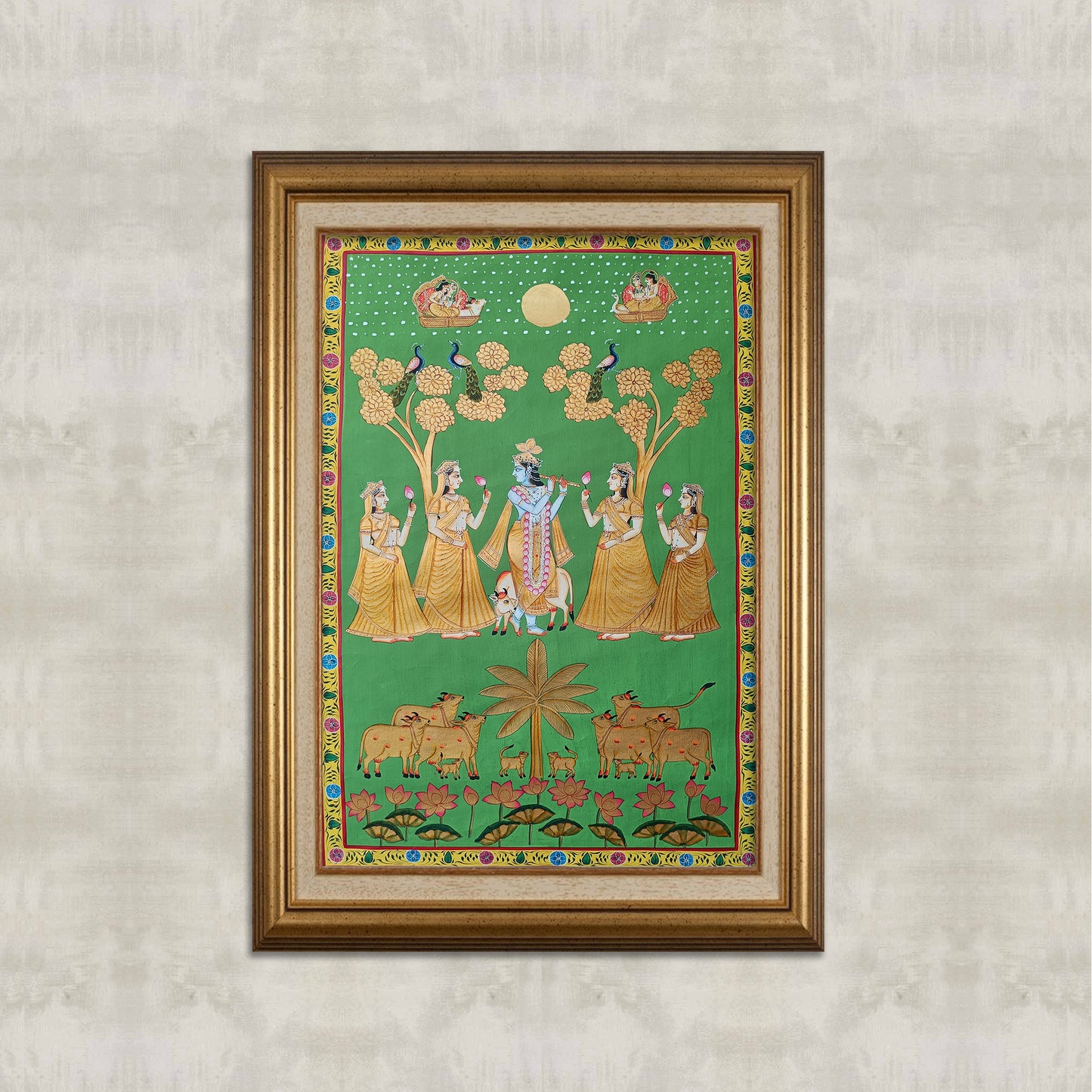Krishna with Gopis under the Moon – Hand-Painted Pichwai