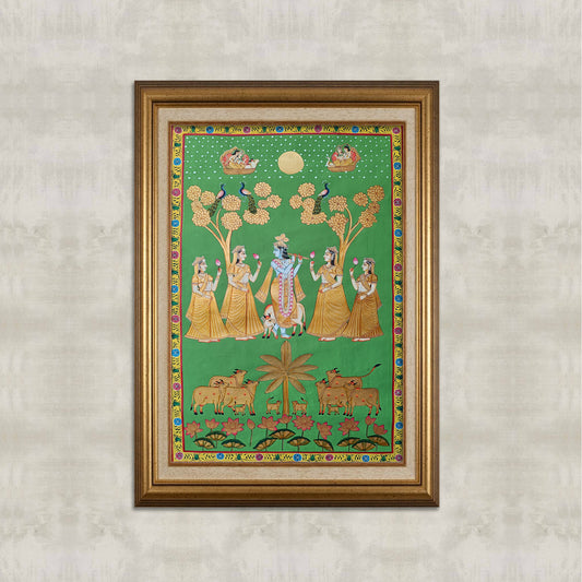 Krishna with Gopis under the Moon – Hand-Painted Pichwai