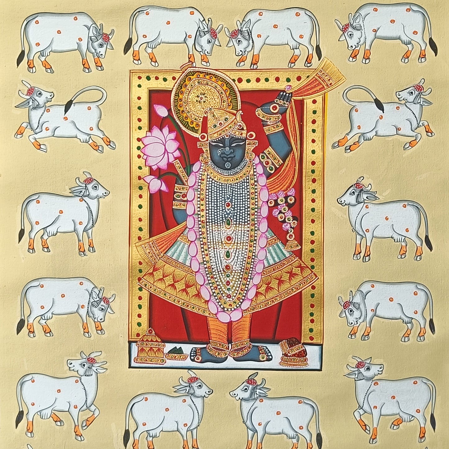 Shrinathji And Cows Pichwai In Pastel Yellow