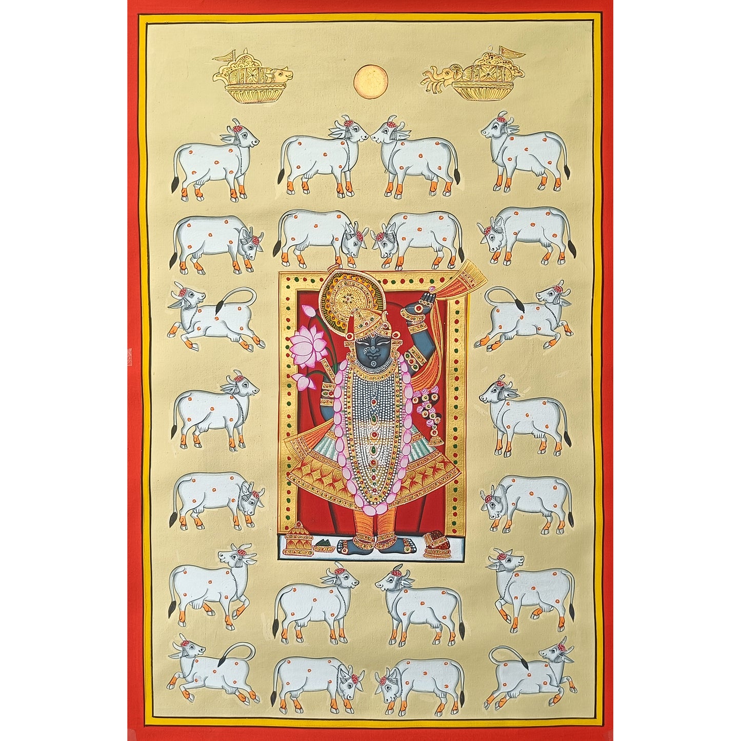 Shrinathji And Cows Pichwai In Pastel Yellow