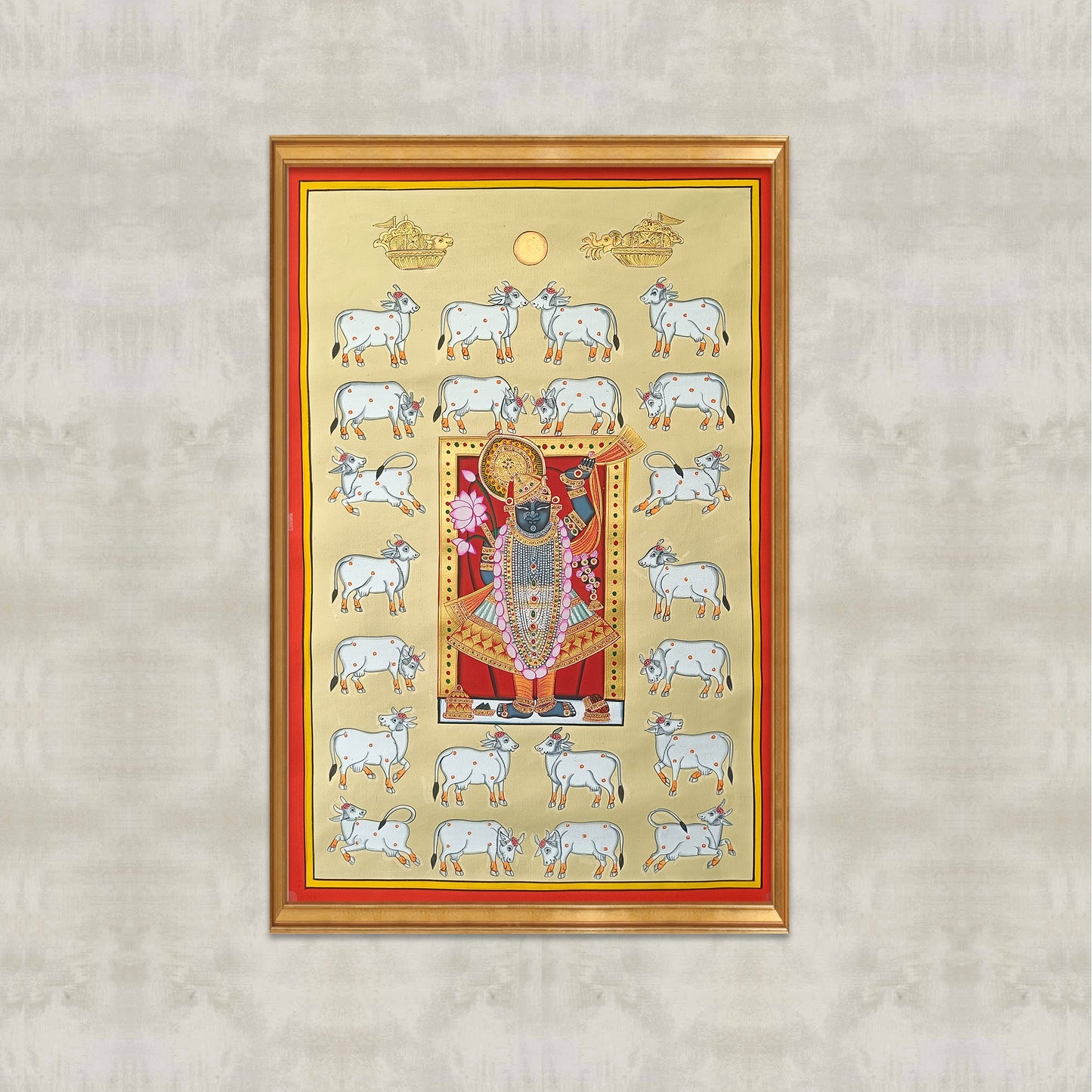 Shrinathji And Cows Pichwai In Pastel Yellow