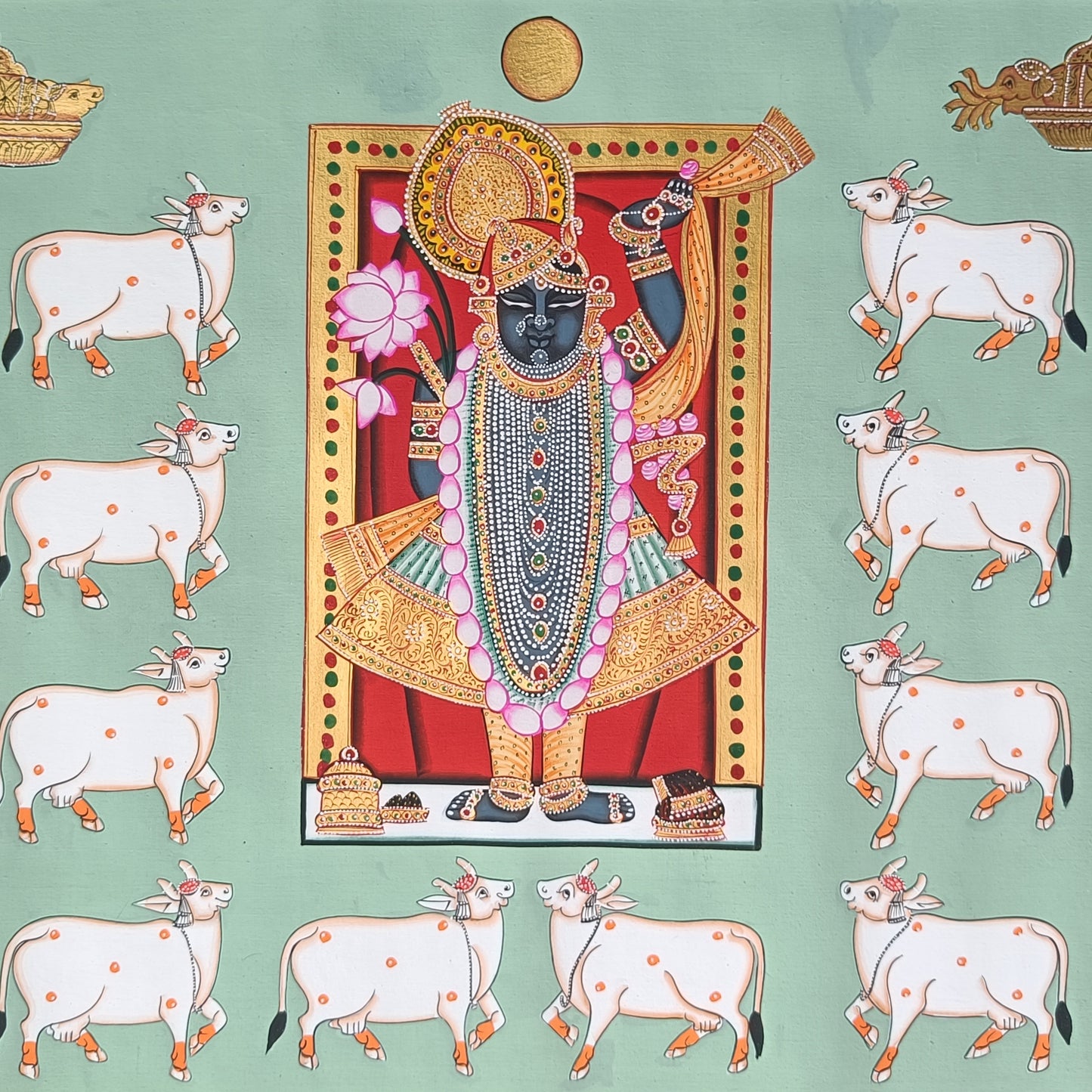 Shrinathji And Cows Pichwai In Pastel Green