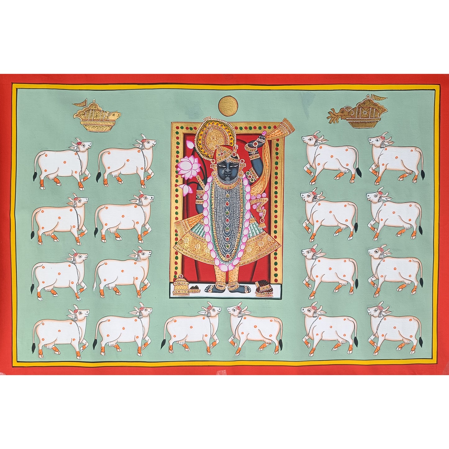 Shrinathji And Cows Pichwai In Pastel Green