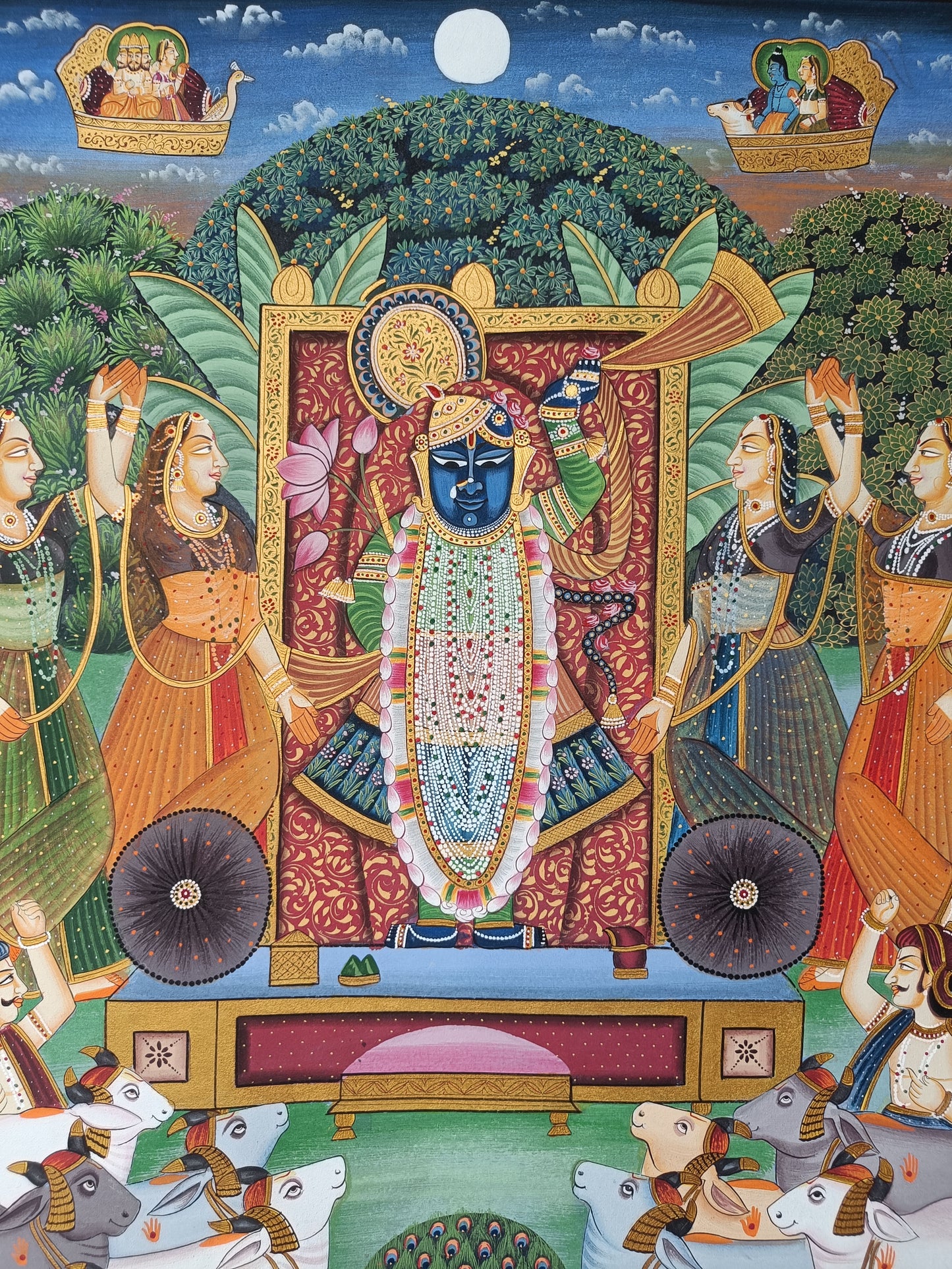 Shrinathji Darshan Pichwai Painting With Peacock Border