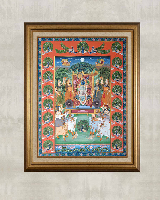 Shrinathji Darshan Pichwai Painting With Peacock Border