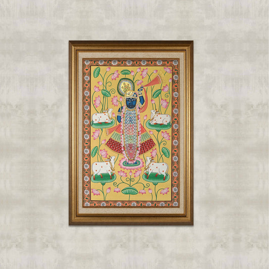 Shrinathji Kamaltalai Pichwai With Cows - Yellow