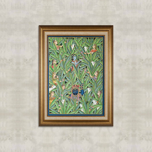 Krishna Amidst the Forest – Hand-Painted Pichwai on Cloth (2×3 ft)